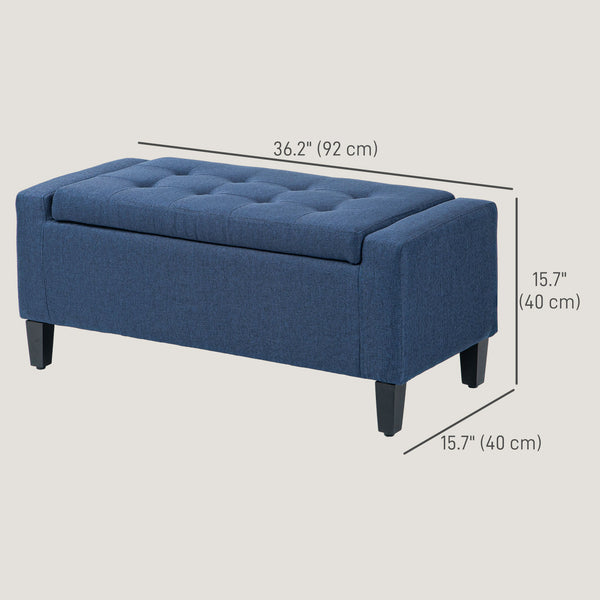 Banc ottoman de rangement rembourré en lin avec motif capitonné, bleu foncé