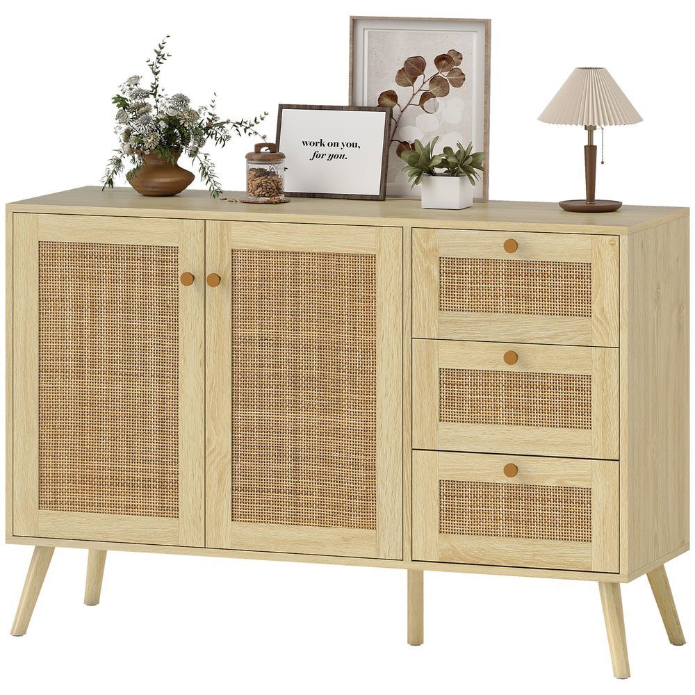 Buffet en rotin avec portes à fermeture douce avec tiroirs, étagère réglable et pieds en bois, couleur naturelle