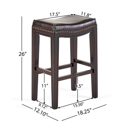 Set of 2 contemporary studded bar stools, rubberwood saddle seat, brown
