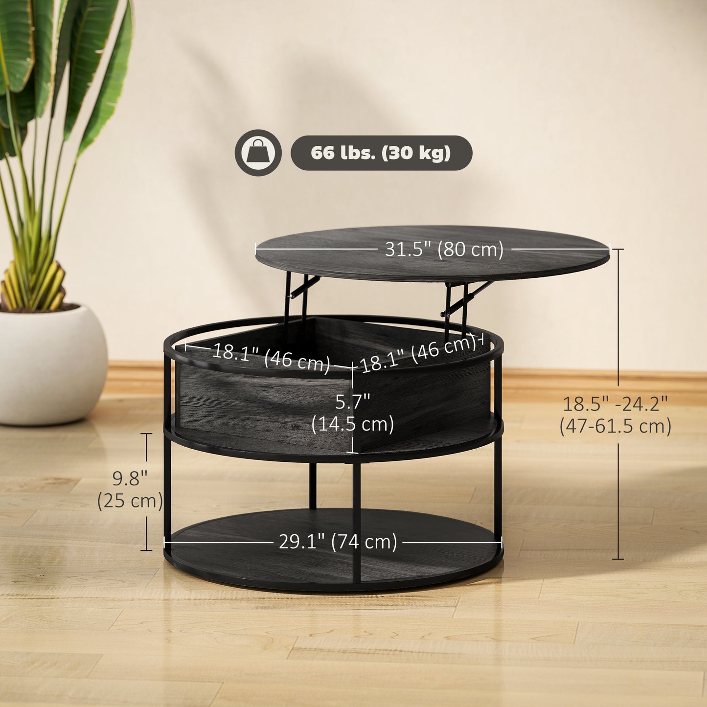 Table basse ronde avec étagère de rangement, compartiment caché et structure en acier, gris foncé vieilli