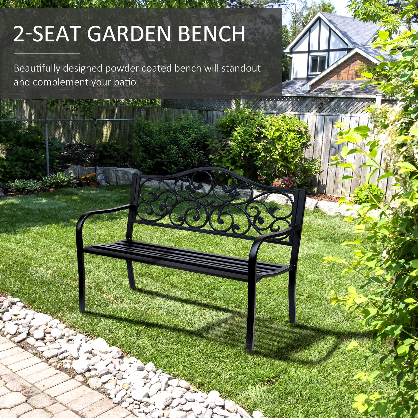 Banc de jardin d'extérieur avec motif floral vintage, en métal moulé, noir