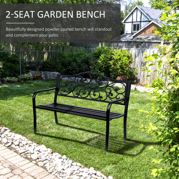 Banc de jardin d'extérieur avec motif floral vintage, en métal moulé, noir