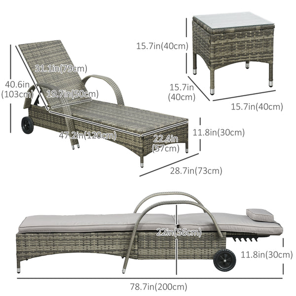 Patio Rattan Lounge Set, Wheeled Wicker Chaise Lounge Chair and Table with Tempered Glass Top, Mixed Grey