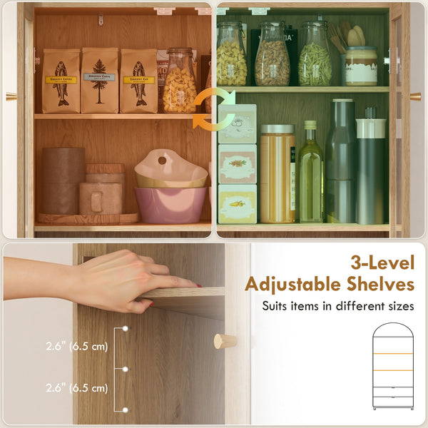 Garde-manger haut effet chêne avec portes arquées, tiroirs et tablettes ajustables