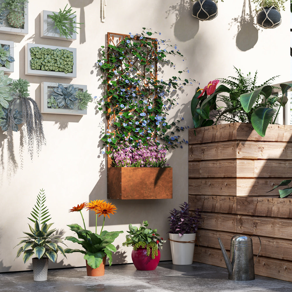 Jardinière surélevée avec brise-vue extérieur, en métal avec treillis, fixation murale ou sur pied, marron