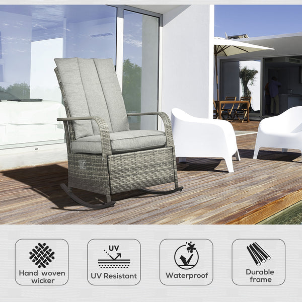 Outdoor Wicker Rocking Chair with Cushion, Patio PE Rattan Recliner Chair with Adjustable Footrest, Armrests, Mixed Grey