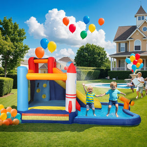 Château gonflable 5 en 1 pour enfants avec souffleur 550 W, pataugeoire, zone de saut, mur d'escalade et canon