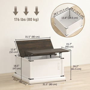 Table basse relevable avec station de recharge, style campagnard avec rangement dissimulé, aspect bois blanc.