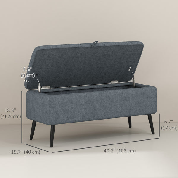 Banc ottoman de rangement rembourré en lin et pieds en acier, gris foncé