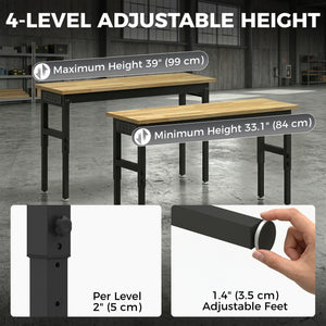 48" Adjustable Workbench, Heavy-Duty Work Table with Rubberwood Top, Power Outlets, Pegboard, 2000 LBS Capacity