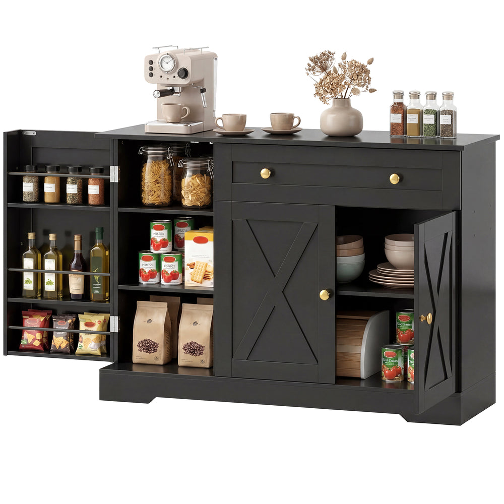 Buffet à café de style ferme avec portes, étagères réglables, tiroir, portes coulissantes de style grange, noir