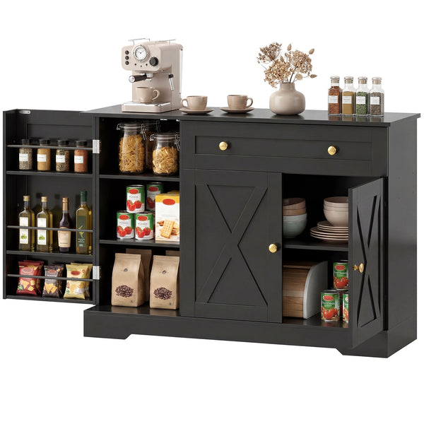 Buffet à café de style ferme avec portes, étagères réglables, tiroir, portes coulissantes de style grange, noir
