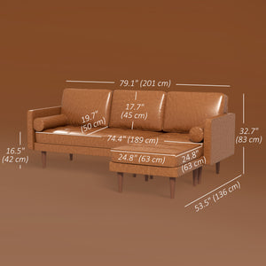 Canapé d'angle sectionnel en similicuir avec repose-pieds et 2 coussins traversins, marron