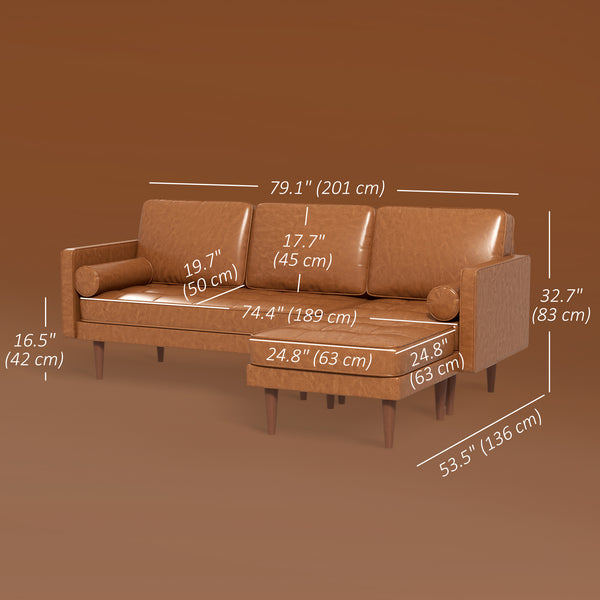 Canapé d'angle sectionnel en similicuir avec repose-pieds et 2 coussins traversins, marron
