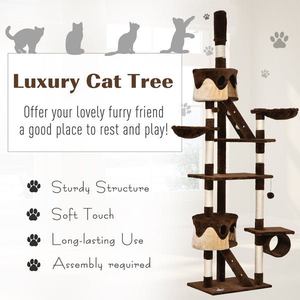Arbre à chat géant de 240 à 250 cm, hauteur plafond, griffoir, centre d'activités, marron