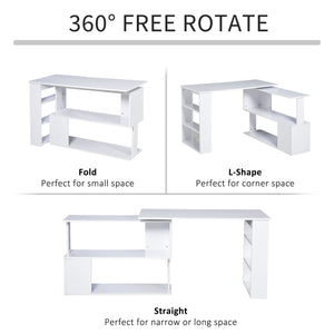 Bureau d'angle 47" en forme de L, pivotant à 360°, réversible, avec étagère de rangement, blanc