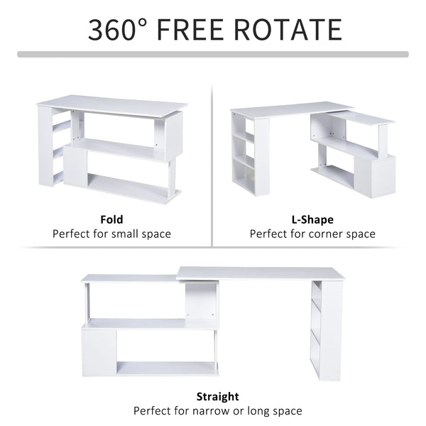 Bureau d'angle 47" en forme de L, pivotant à 360°, réversible, avec étagère de rangement, blanc