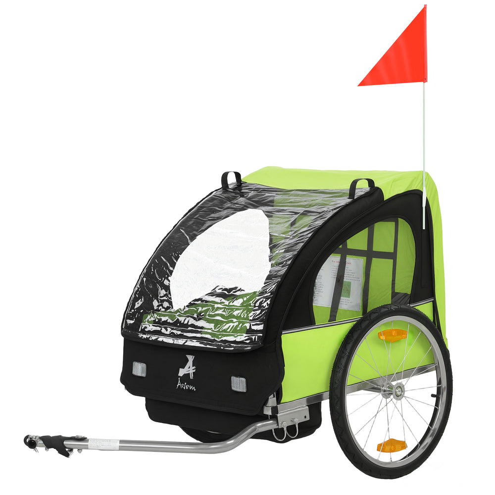 Remorque à vélo 2 places avec harnais de sécurité 5 points et siège confortable, verte