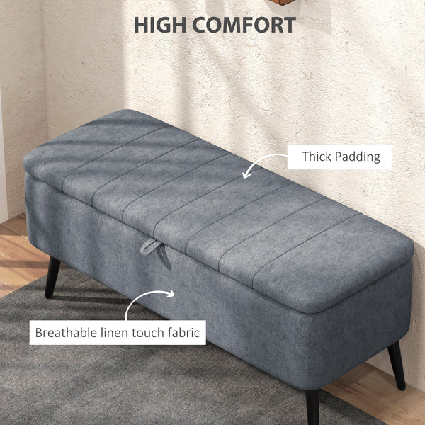 Banc ottoman de rangement rembourré en lin et pieds en acier, gris foncé
