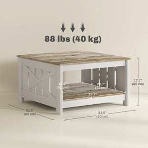 Table basse carrée à deux niveaux style farmhouse, chêne vieilli et marron