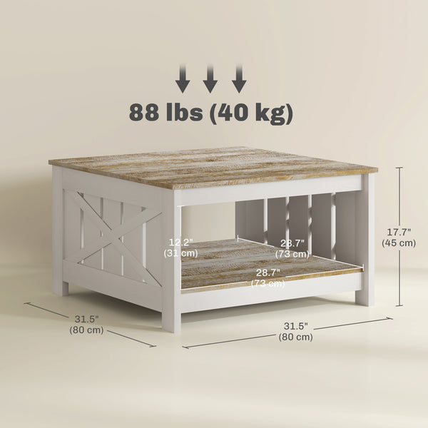 Table basse carrée à deux niveaux style farmhouse, chêne vieilli et marron