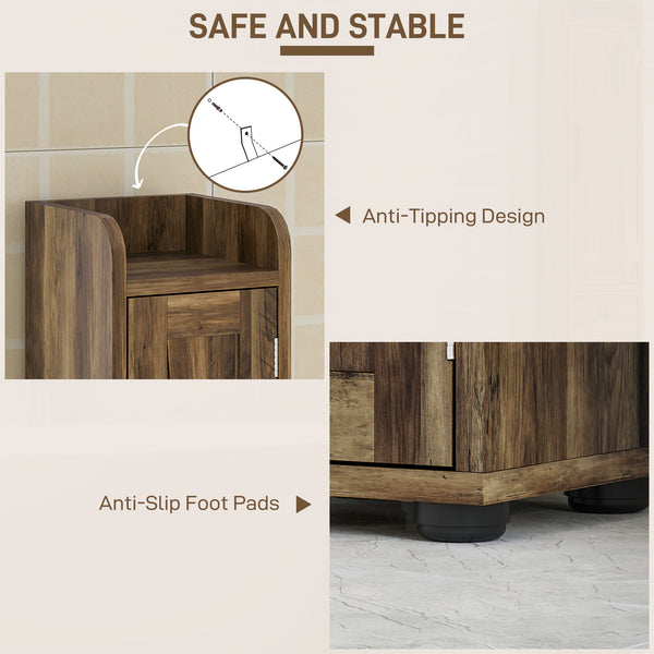 Meuble de salle de bain étroit, haut avec portes de grange, tiroir et étagères réglables, aspect bois brun