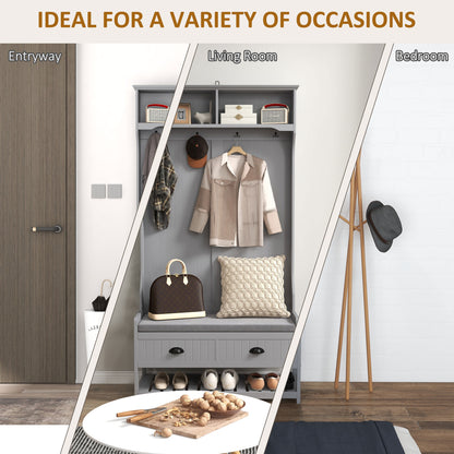 HOMCOM Shoe Bench and Coat Rack, Hallway Furniture with Bench and Shoe Storage, Hallway Bench with 4 Hooks, 2 Drawers, 2 Shelves, Grey