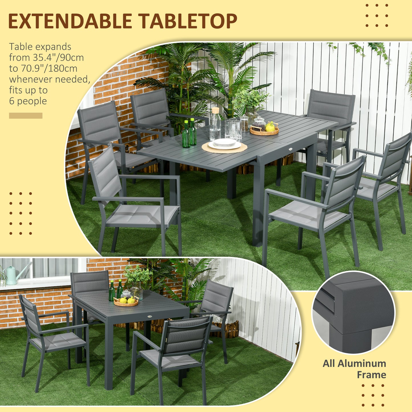 Ensemble de salle à manger de jardin 7 pièces pour 6 personnes, table d'extérieur extensible en aluminium, chaises empilables à dossier haut, gris foncé