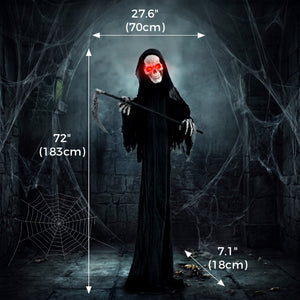 Faucheur animé d’Halloween de 6 pi avec faux, yeux DEL rouges, sons et mouvements – Noir