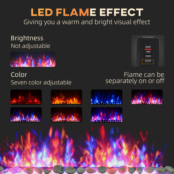 Cheminée murale moderne de 41 pouces avec effet de flamme LED breveté et 7 couleurs, noir