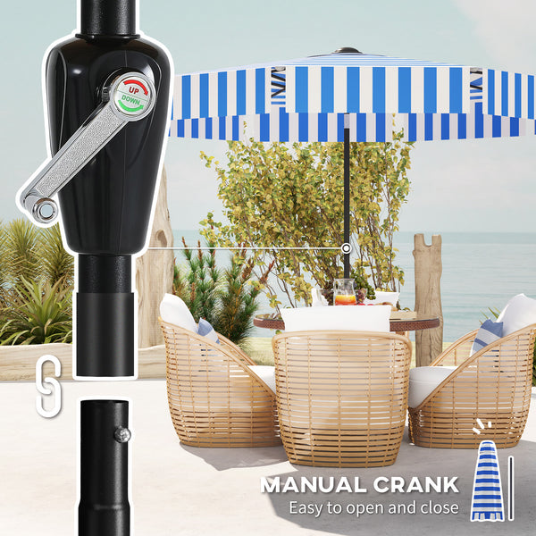 Parasol inclinable de 8,7 pieds avec manivelle et aération, bleu et blanc