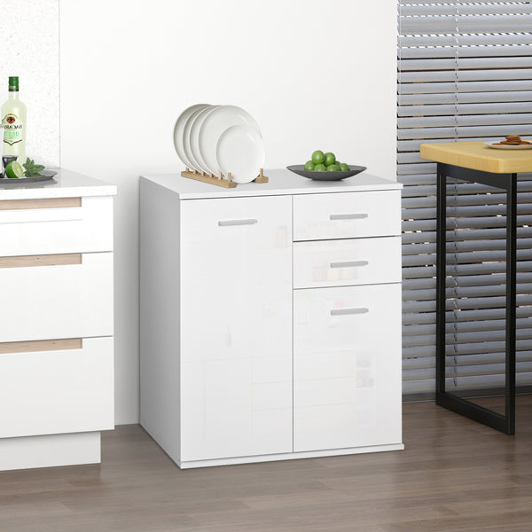 Buffet laqué brillant avec 2 tiroirs et 2 portes, étagère réglable, blanc