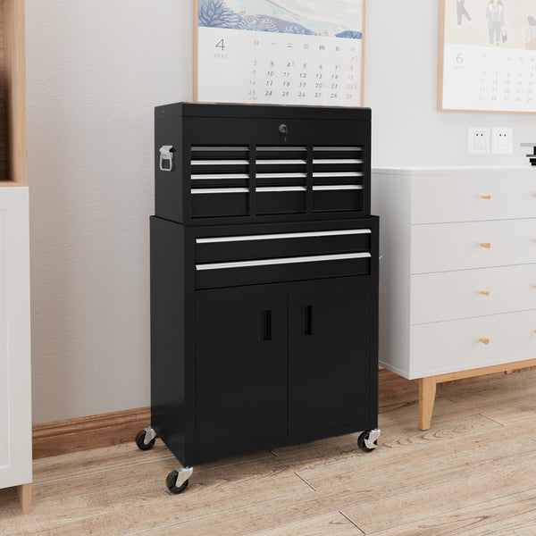 2-in-1 lockable 6-drawer rolling tool chest with hooks, black
