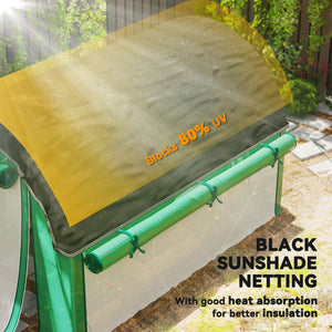Heated tunnel greenhouse for plants with shade netting and roll-up mesh side walls