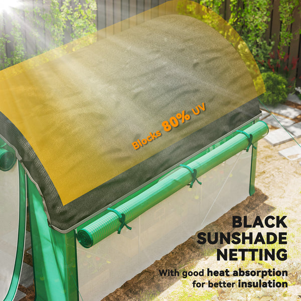 Heated tunnel greenhouse for plants with shade netting and roll-up mesh side walls