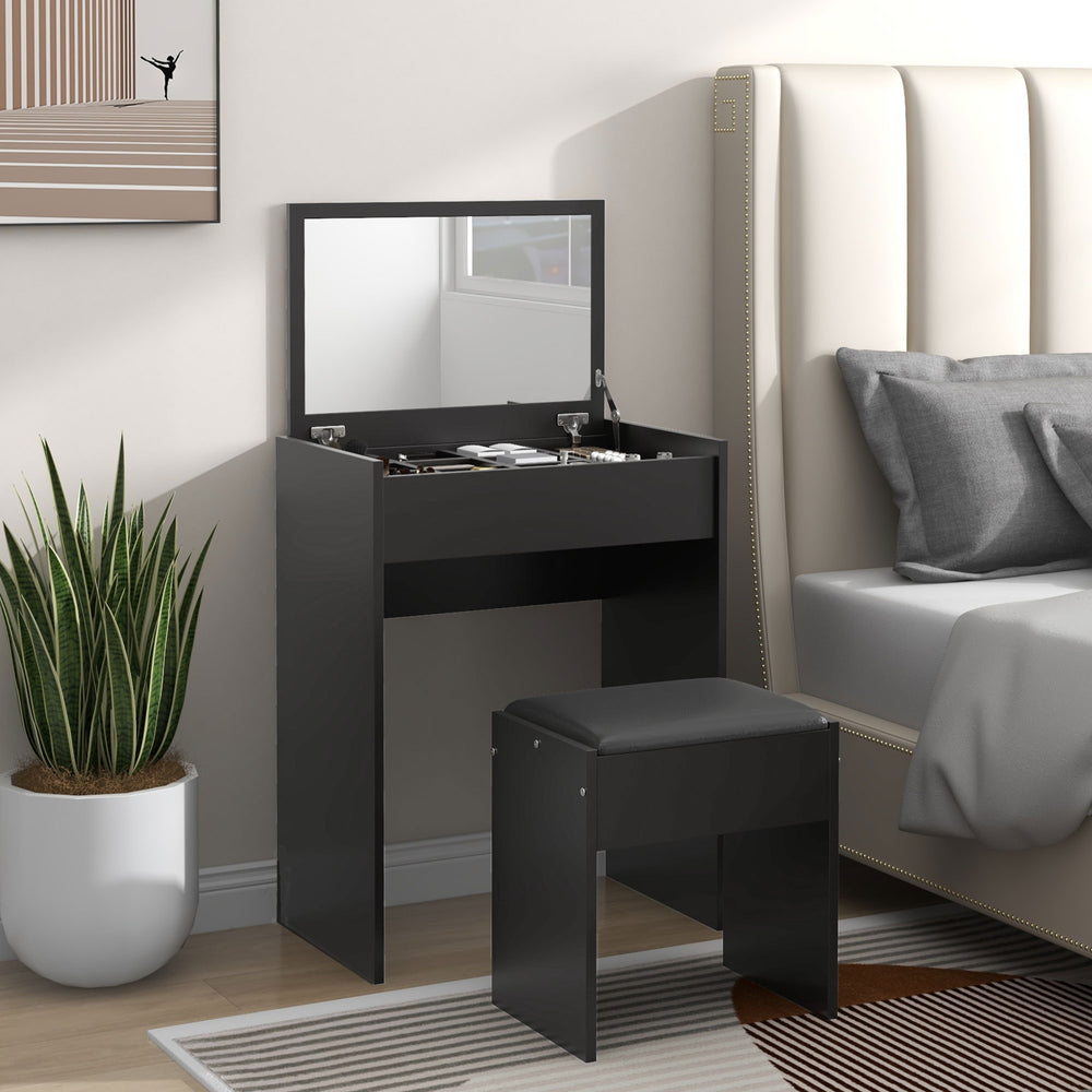 Coiffeuse moderne avec table de maquillage et tabouret rembourré, noir