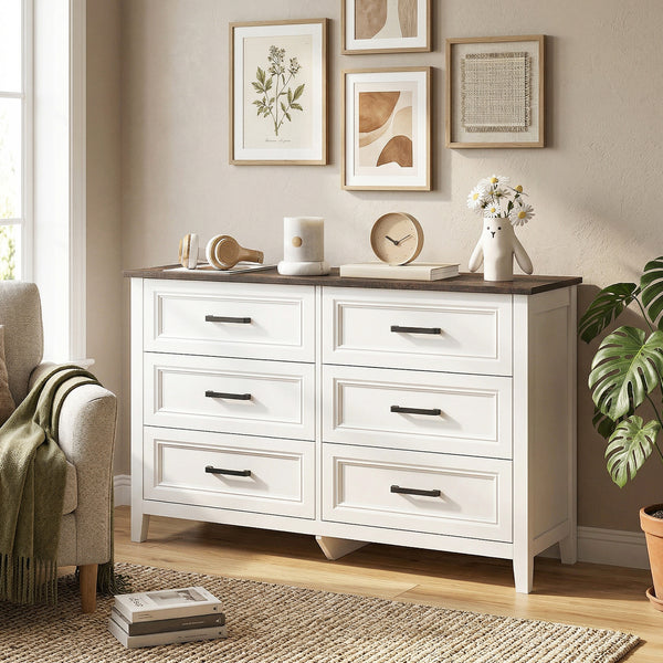 Commode large avec 6 tiroirs, commode de rangement, blanc