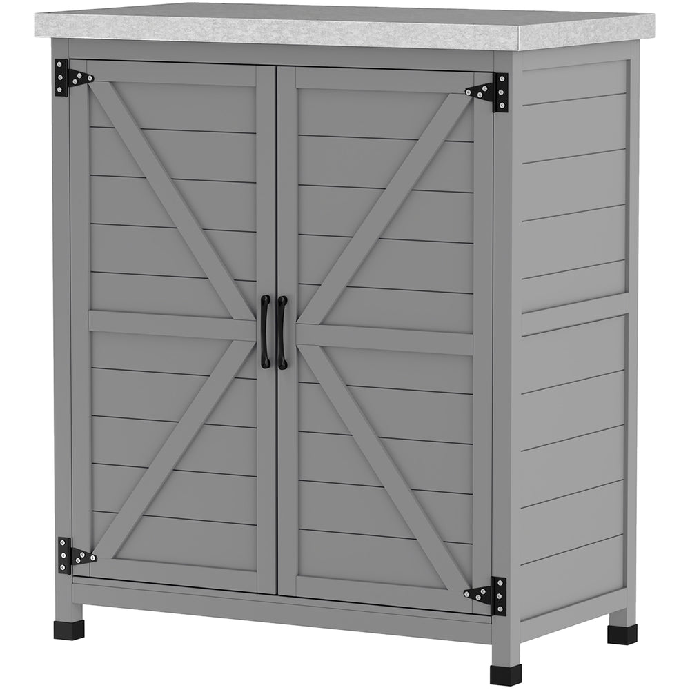 Meuble de rangement de jardin avec plateau en métal, étagère et double porte, gris