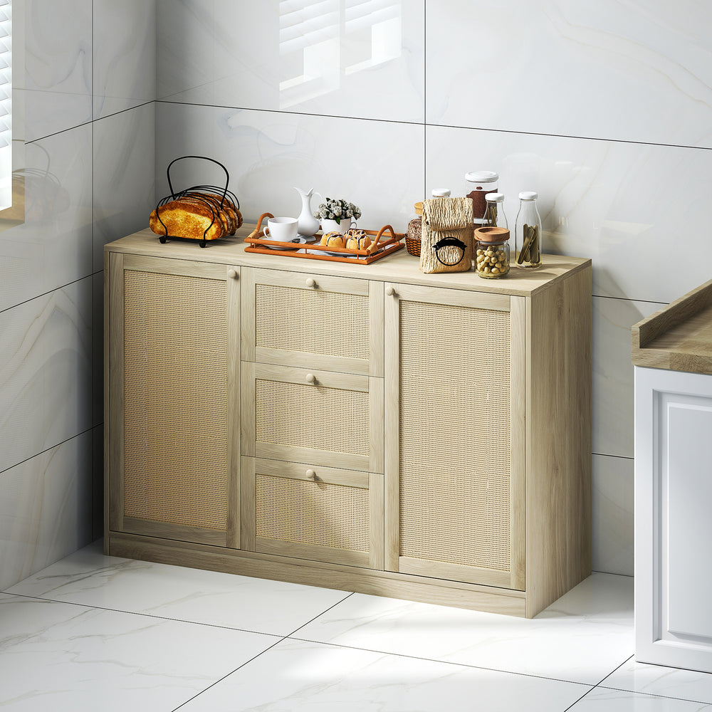 Buffet Boho avec 3 tiroirs, 2 étagères réglables et 4 étagères, naturel