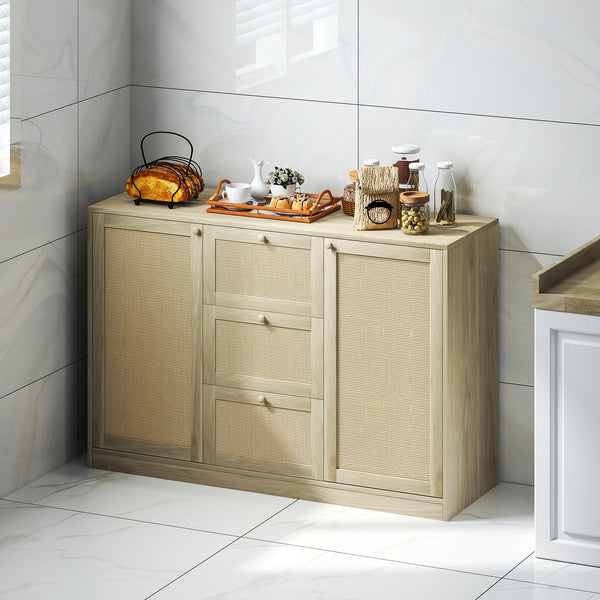 Buffet Boho avec 3 tiroirs, 2 étagères réglables et 4 étagères, naturel