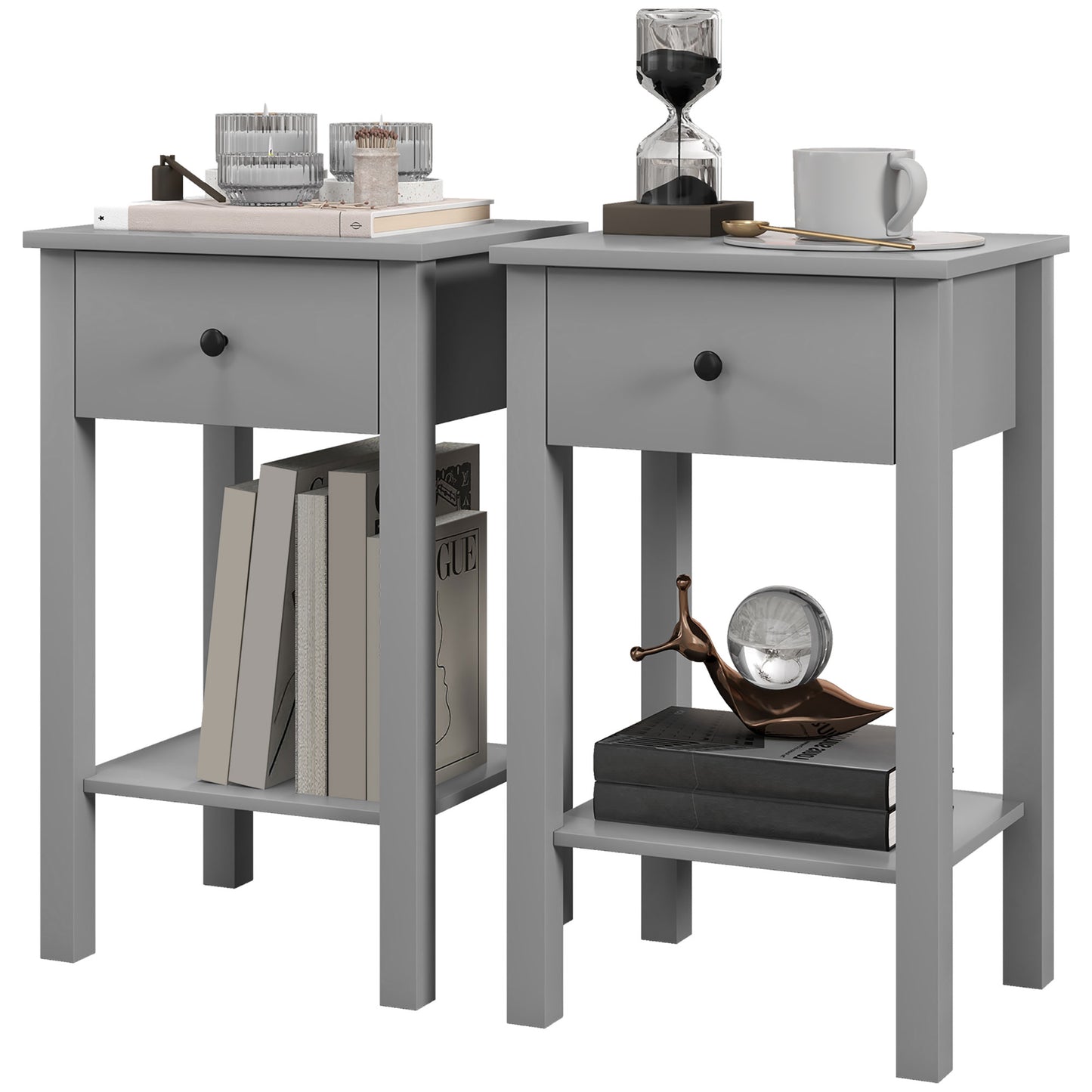 Lot de 2 tables d'appoint avec tiroir et étagère inférieure, table de chevet à 2 niveaux, salon, gris