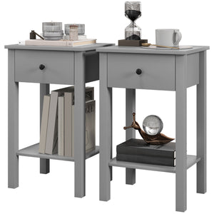 Lot de 2 tables d'appoint avec tiroir et étagère inférieure, table de chevet à 2 niveaux, salon, gris
