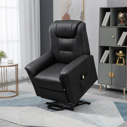Fauteuil releveur électrique inclinable en cuir synthétique avec repose-pieds et télécommande, poches latérales, noir
