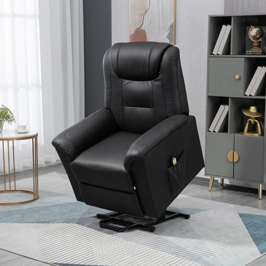 Fauteuil releveur électrique inclinable en cuir synthétique avec repose-pieds et télécommande, poches latérales, noir