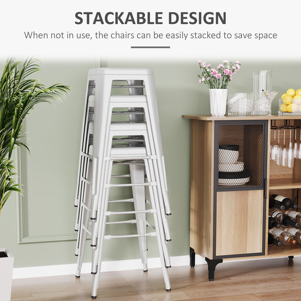 Set of 4 industrial-style metal bar stools, silver grey