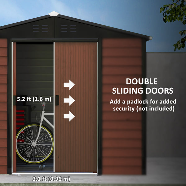 Abri de jardin en acier galvanisé avec portes verrouillables et structure de plancher, couleur teck