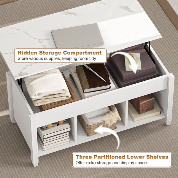 Modern lift-top coffee table with storage shelves and hidden compartment, white