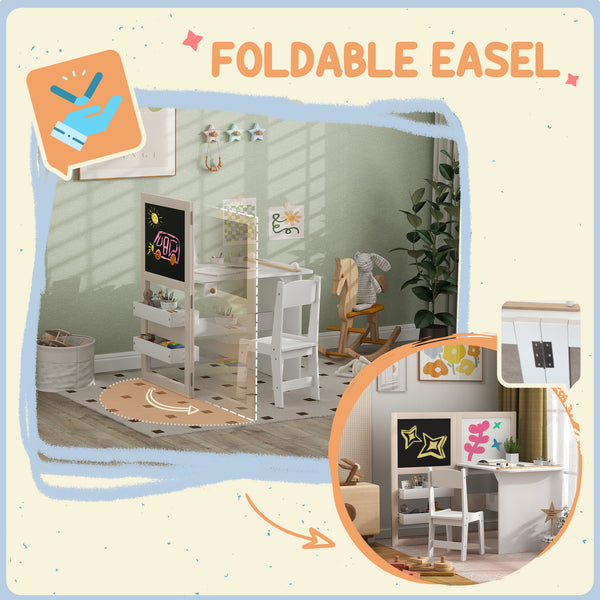 3-in-1 Kids Table and Chair Set with Folding Easel, Storage Shelves and Paper Roll, White
