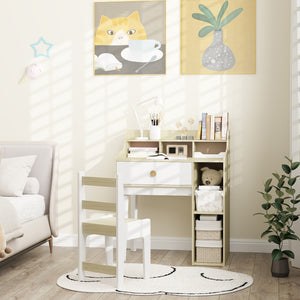 Children's Desk and Chair Set with Storage Shelves and Drawer, Ages 3-10, White