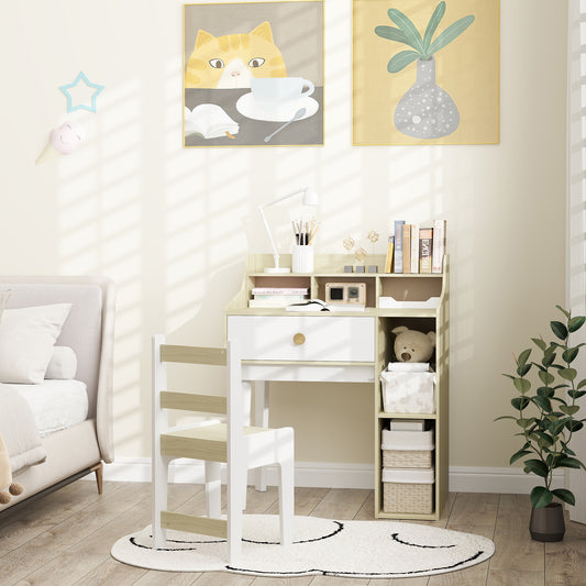 Ensemble bureau et chaises pour enfants, avec étagères de rangement et tiroir, de 3 à 10 ans, blanc
